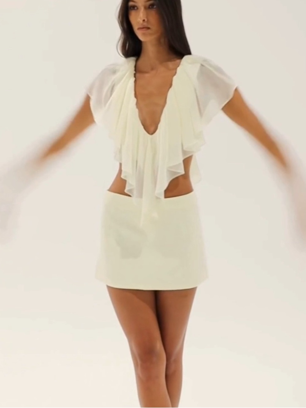 Ance Gria Ivory Ruffle Deep V Crop Top and Mini Skirt Set - Picture 4 of 4